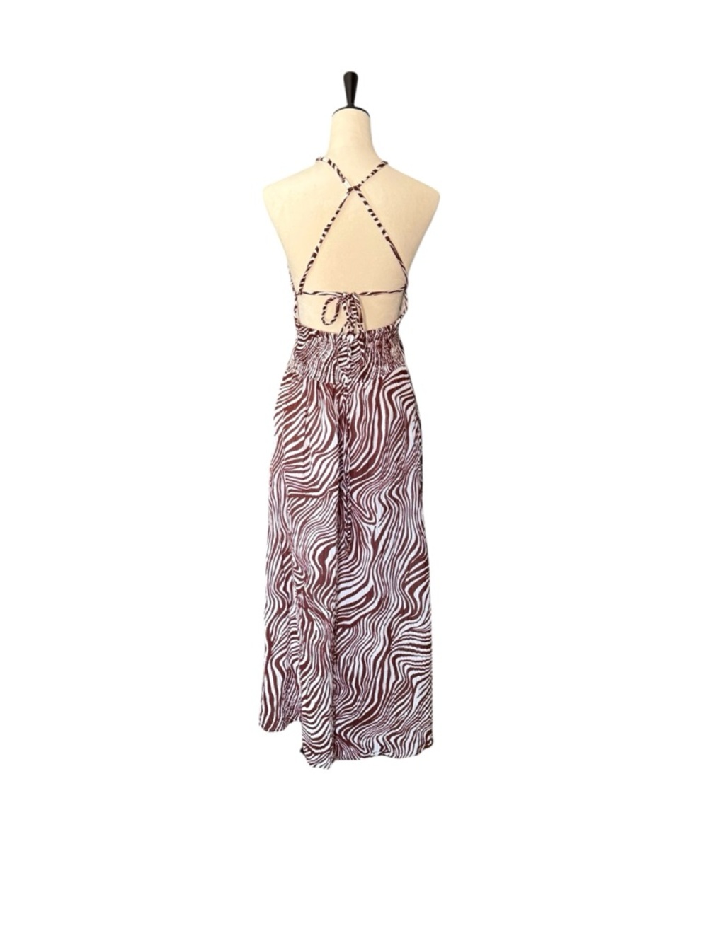 Faithfull the Brand Brown and White Zebra-Print Backless Linen Blend Maxi Dress. - Picture 6 of 16